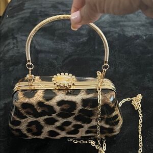 Leopard Print Acrylic Minaudière Clutch with Gold Hardware